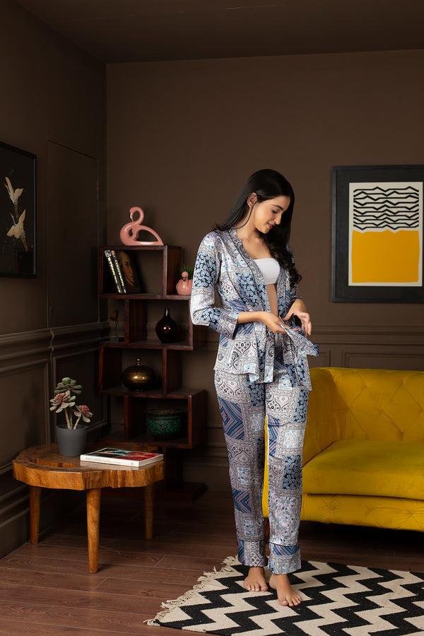 Private Lives Blue Satin Printed Co-Ord Set