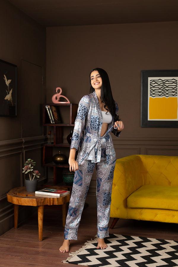 Private Lives Blue Satin Printed Co-Ord Set