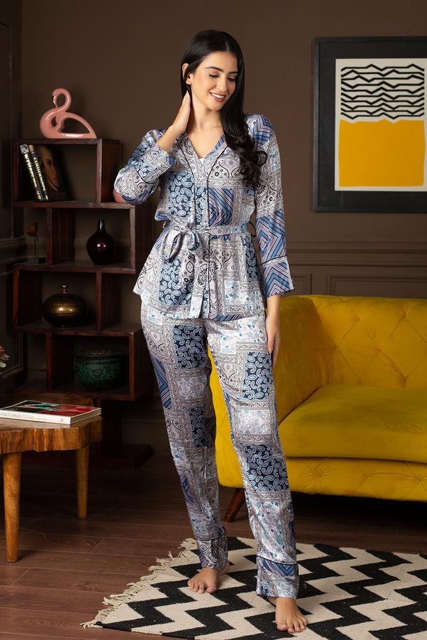 private lives Blue Satin Printed Co-Ord Set