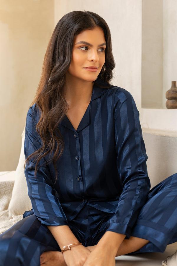 Private Lives Blue Self Stripe Satin Pj Set