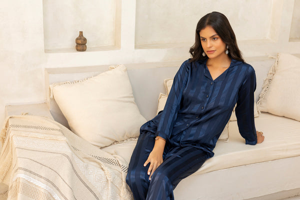 Private Lives Blue Self Stripe Satin Pj Set