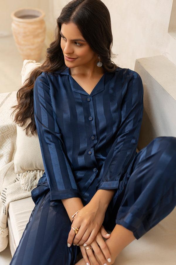 private lives Blue Self stripe Satin Pj set