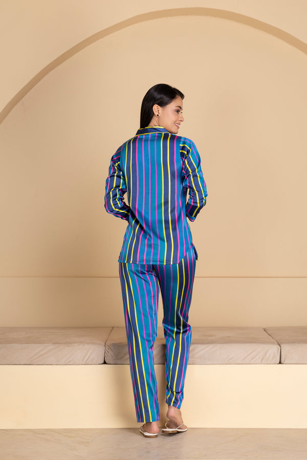 Private Lives Blue Stripe Satin Collar Pajama Set