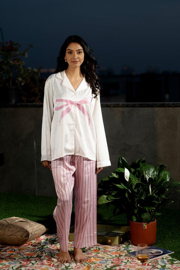 Private Lives Bow Design Satin Night Suit Set