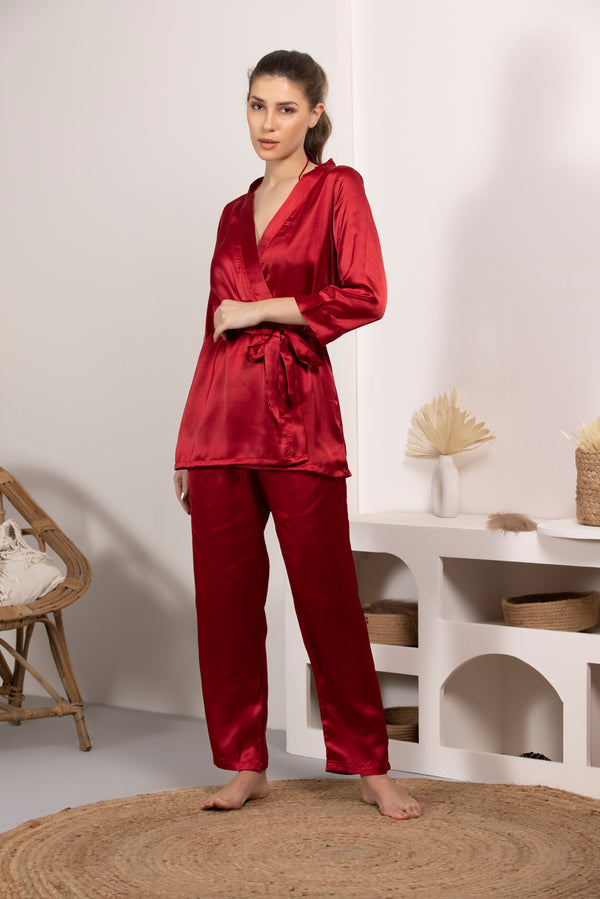 Private Lives Bralet Pj & Robe In Maroon