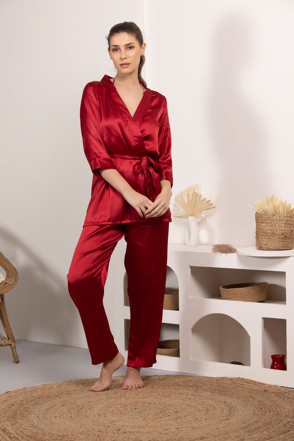 Private Lives Bralet Pj & Robe In Maroon