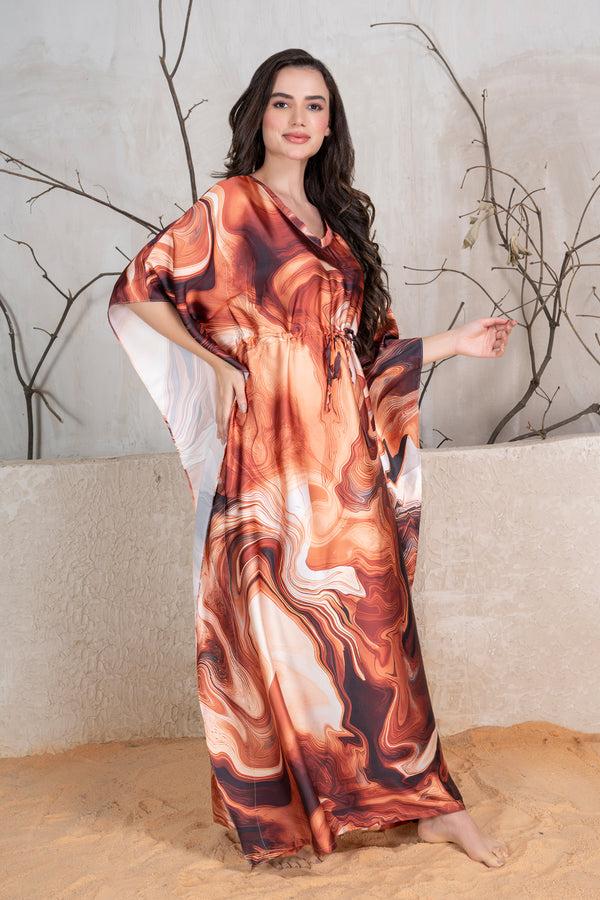 Private Lives Brown Tie & Dye Printed Satin Kaftan