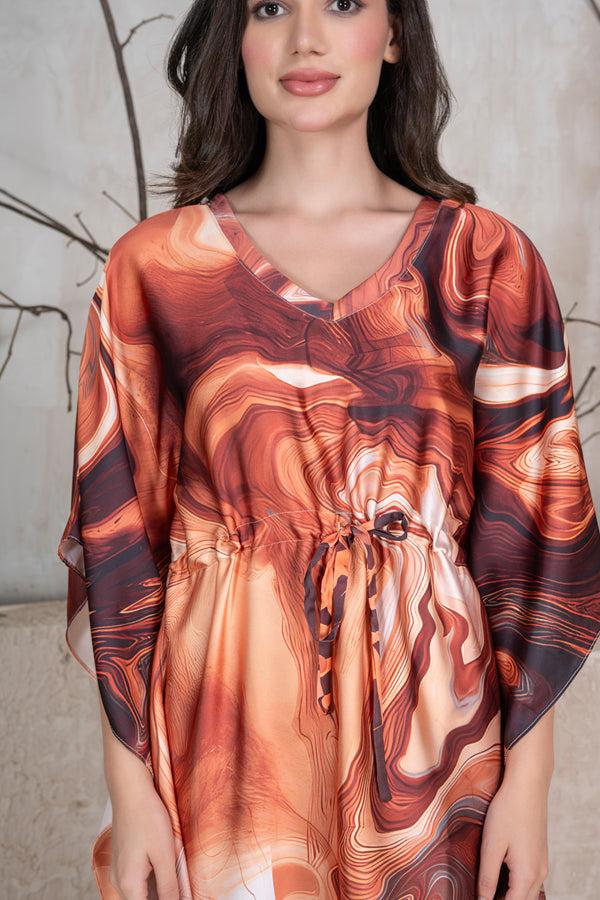 Private Lives Brown Tie & Dye Printed Satin Kaftan