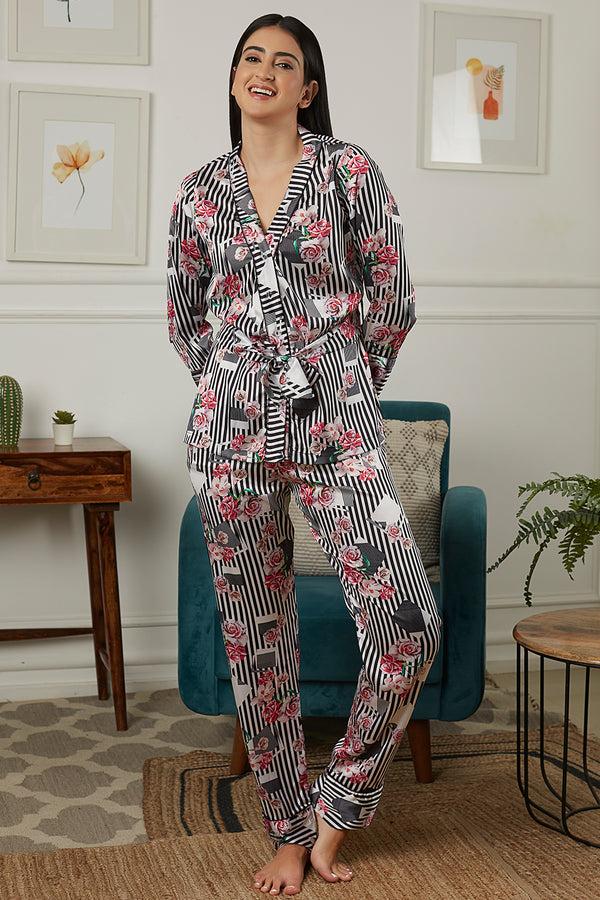 private lives Co-ord set in stripe silk satin