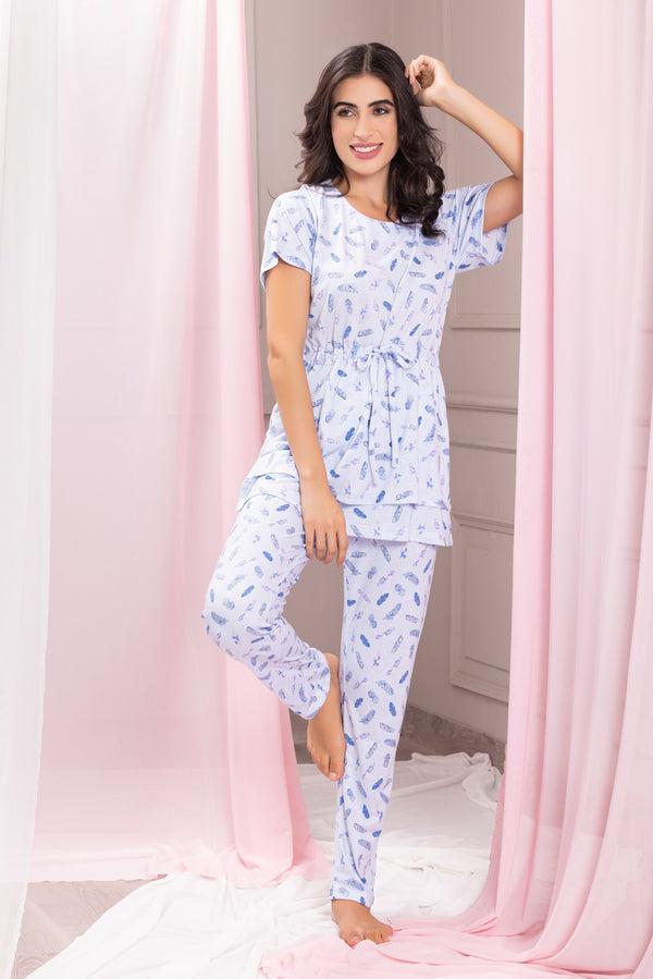 Private Lives Feather Night Suit In Pure Cotton