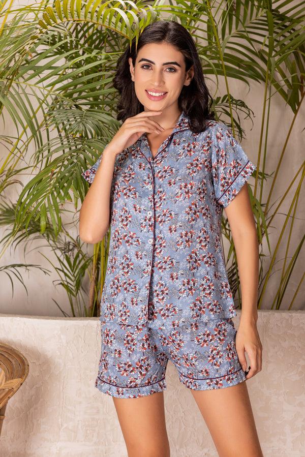 private lives Floral rayon collar sleep suit