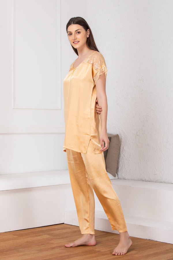 Private Lives Golden Plain Satin Night Suit