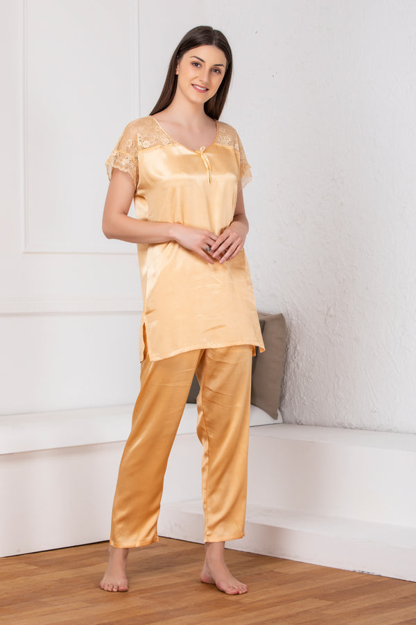 private lives Golden Plain satin Night suit