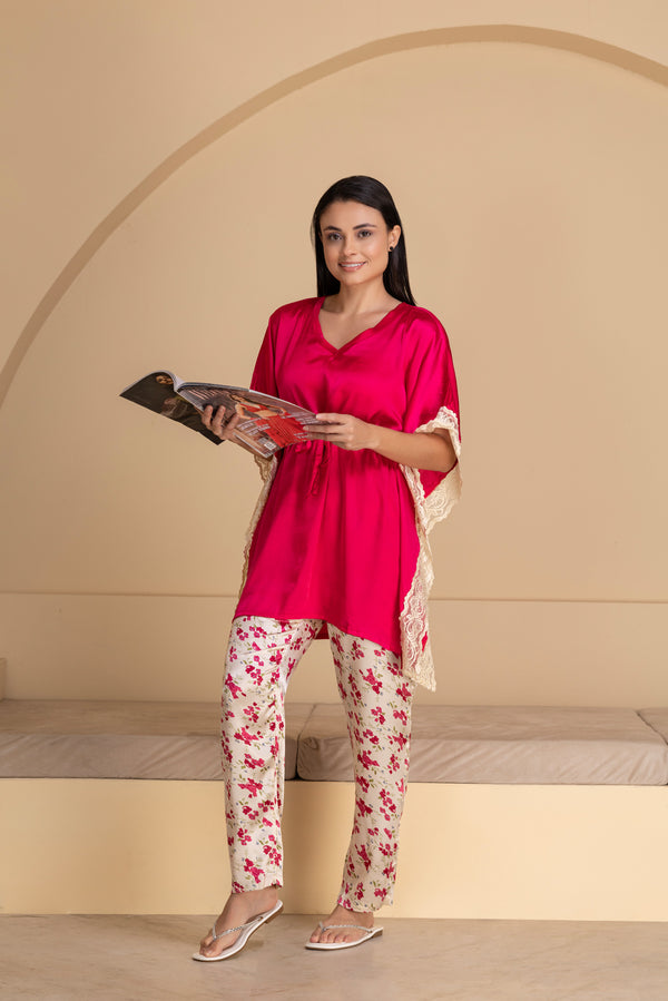 private lives Hot pink satin Kaftan with lace