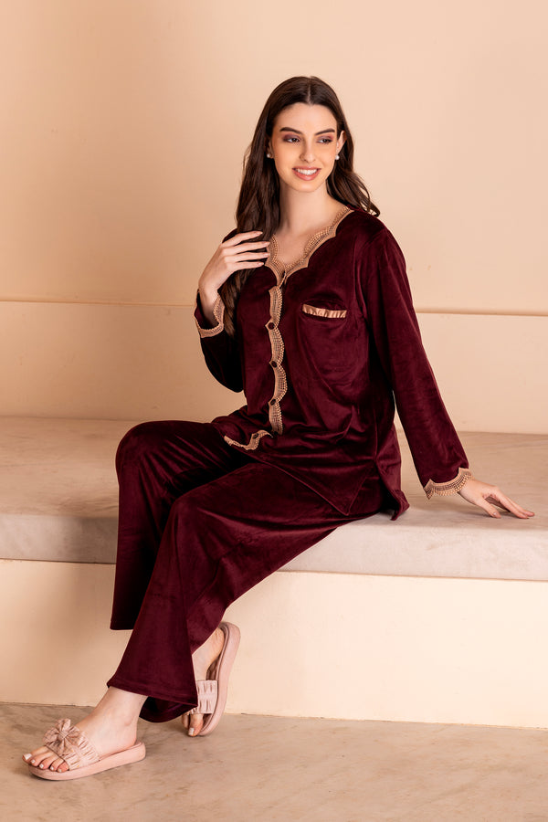 Private Lives Jennifer Night Suit In Wine Velvet