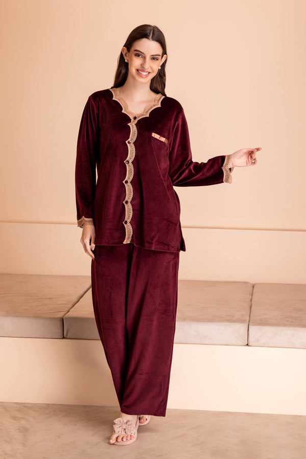 Private Lives Jennifer Night Suit In Wine Velvet