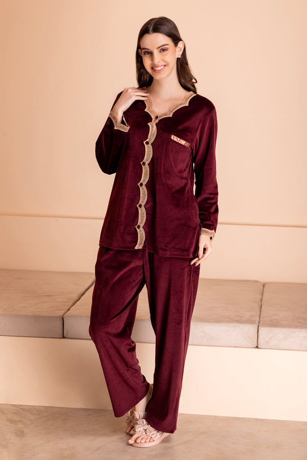 Private Lives Jennifer Night Suit In Wine Velvet
