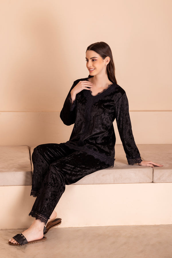 Private Lives Jet Black Ice Velvet Co-ord Set