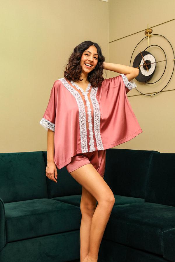 Private Lives Lace Trim Kaftan Set With Shorts