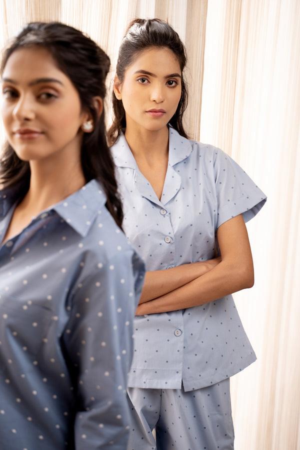 Private Lives Light Blue Cotton Polka Pj Set