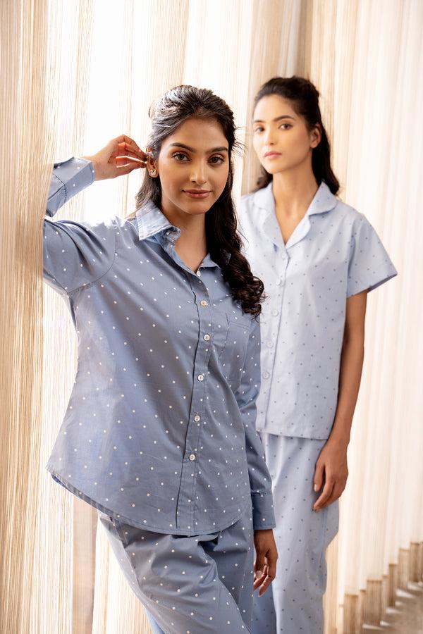 Private Lives Light Blue Cotton Polka Pj Set