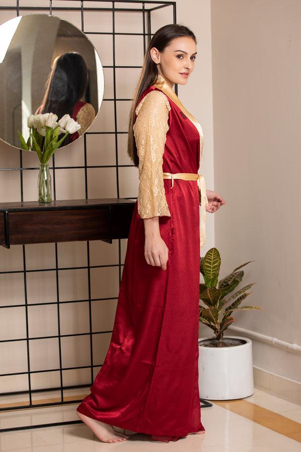 Private Lives Maroon & Gold Designer Nightgown Set