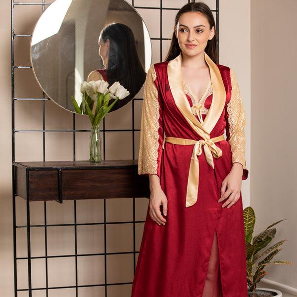 Private Lives Maroon & Gold Designer Nightgown Set