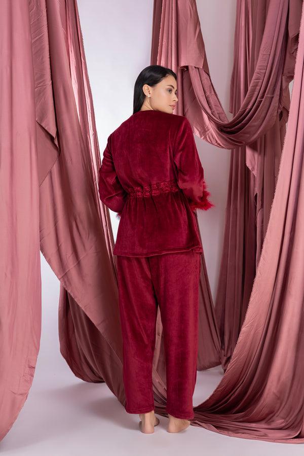 Private Lives Maroon Velvet Lounger With Fur