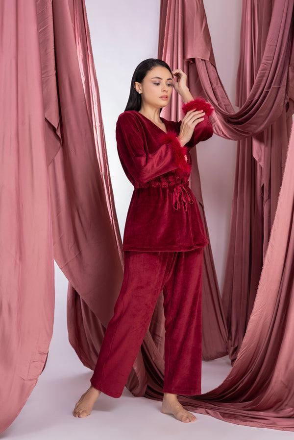 private lives Maroon Velvet lounger with fur