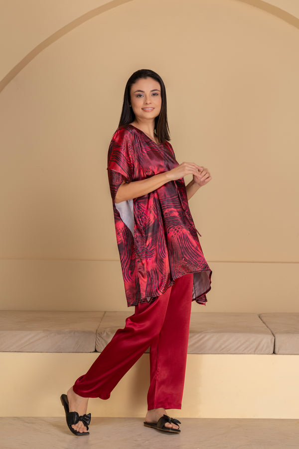 Private Lives Marron Printed Satin Kaftan Set