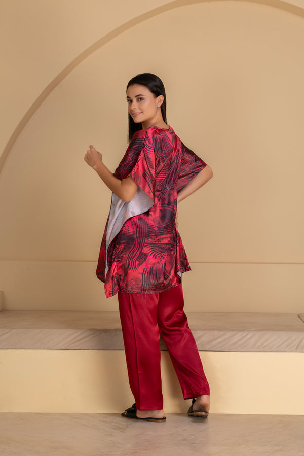 Private Lives Marron Printed Satin Kaftan Set