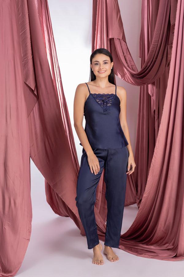 Private Lives Navy Blue Satin Night Suit With Robe