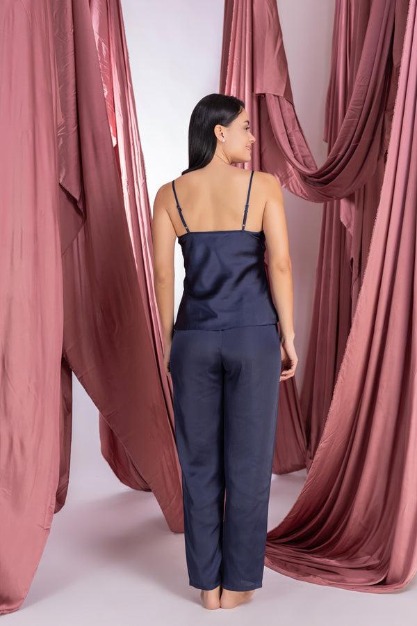 Private Lives Navy Blue Satin Night Suit With Robe