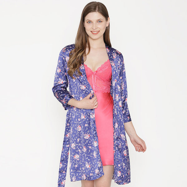 Private Lives Private Lives Navy Blue Satin Short Nightgown Set