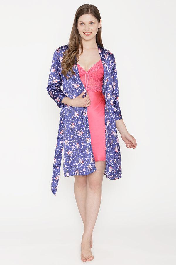 private lives Private Lives Navy Blue Satin Short Nightgown set