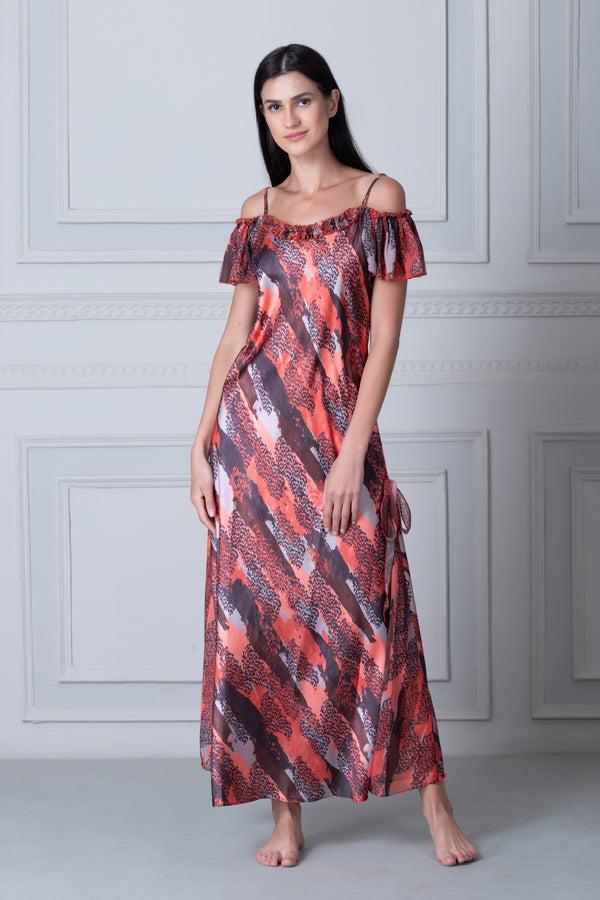private lives Off Shoulder Printed Satin Nighty