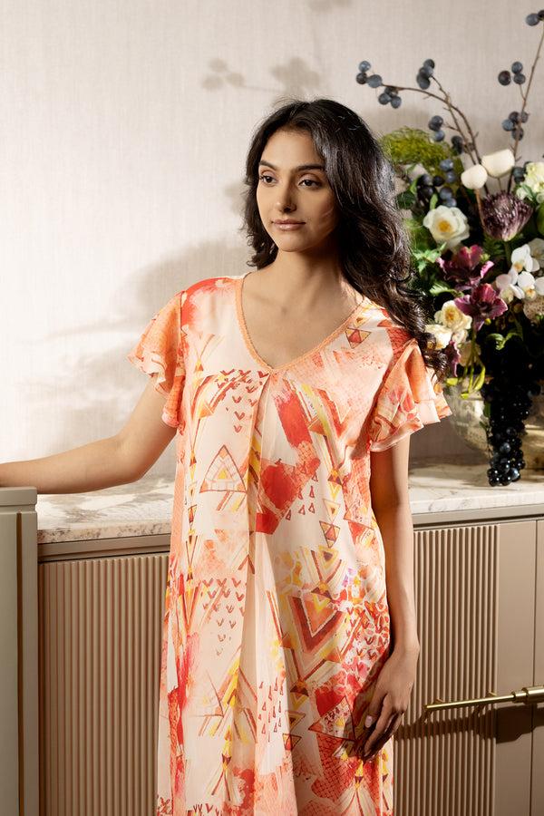 Private Lives Orange Printed Double Chiffon Nighty