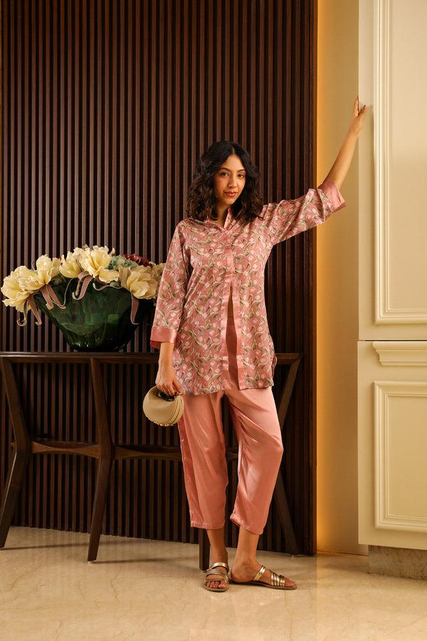 Private Lives Peach Floral Satin Co-ord Set