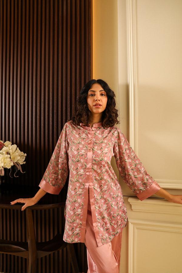 private lives Peach Floral Satin Co-ord Set