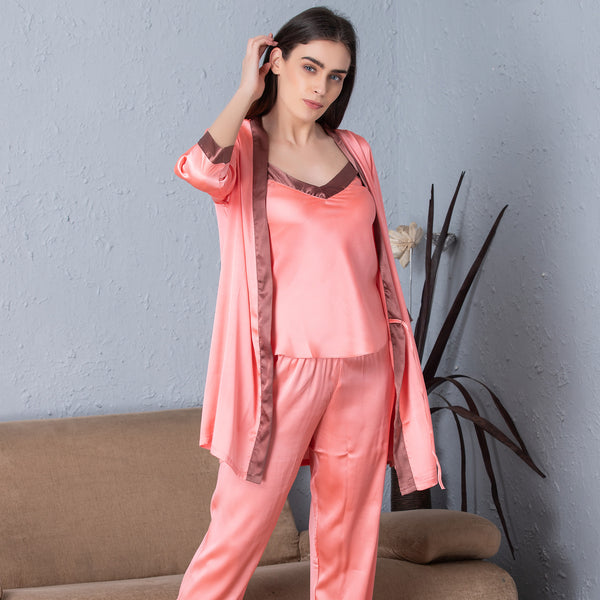 Private Lives Peach Satin Night Suit With Robe