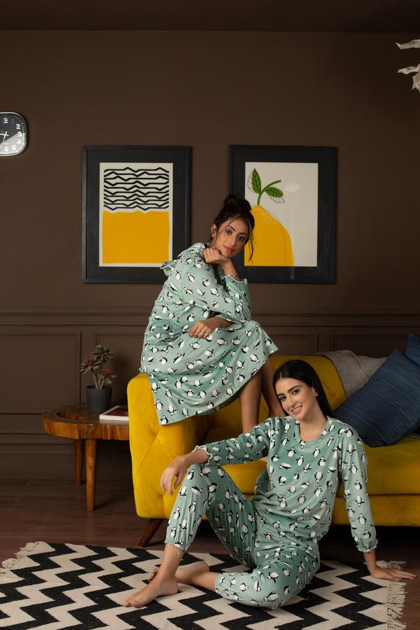 Private Lives Penguin Print Cozy PJ Set In Velvet