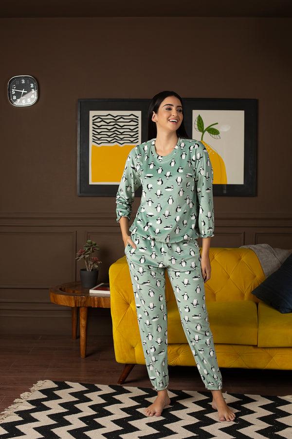 Private Lives Penguin Print Cozy PJ Set In Velvet