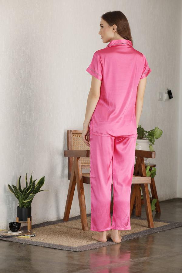 Private Lives Pink Satin Classic Collar Night Suit