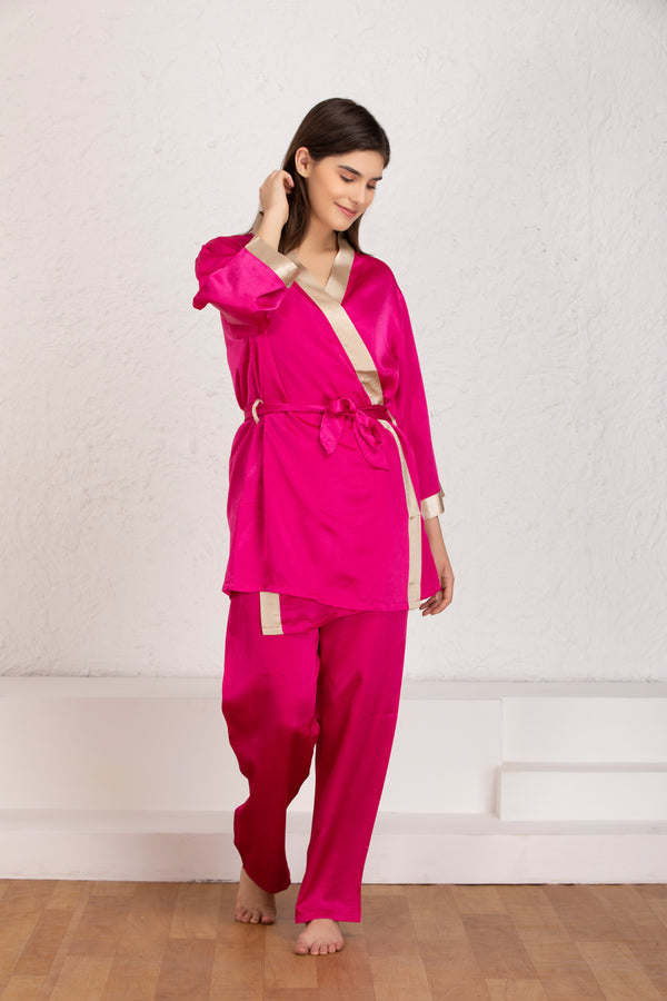 Private Lives Pink Satin Night Suit With Robe