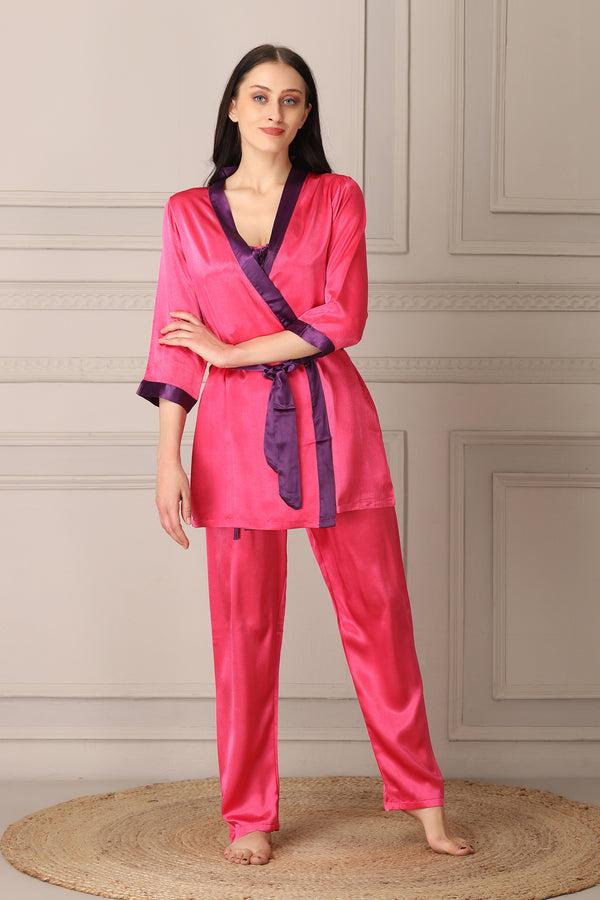 Private Lives Pink Satin Night Suit With Robe Set