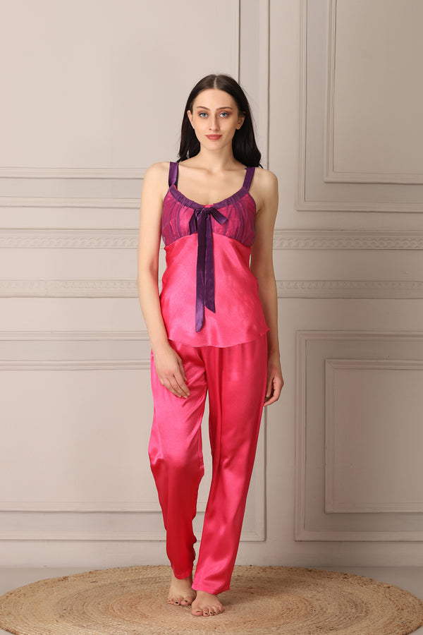 private lives Pink Satin Night Suit With Robe Set