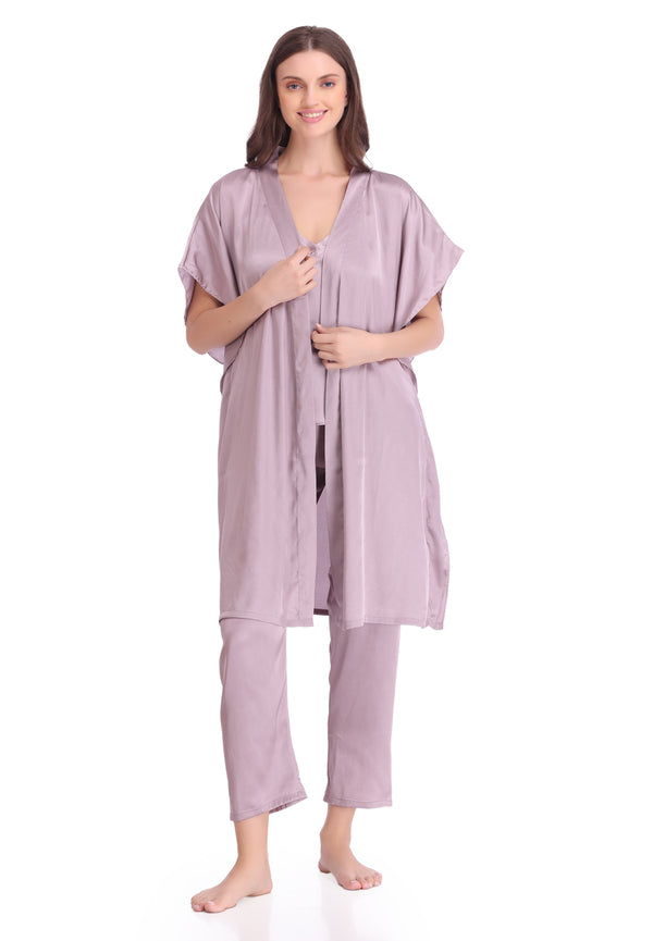 Private Lives Plain Satin Nightsuit With Long Robe