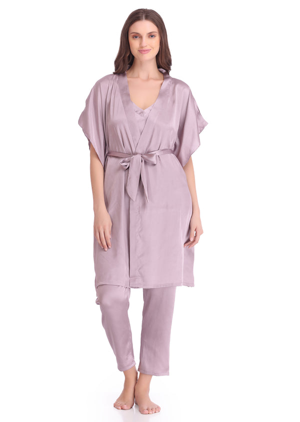 Private Lives Plain Satin Nightsuit With Long Robe