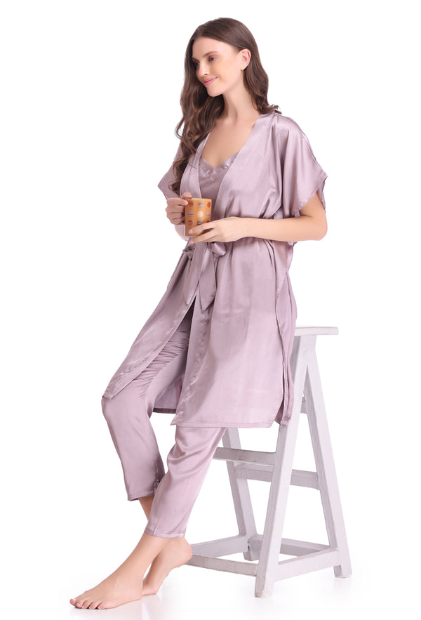 private lives Plain satin Nightsuit with Long robe