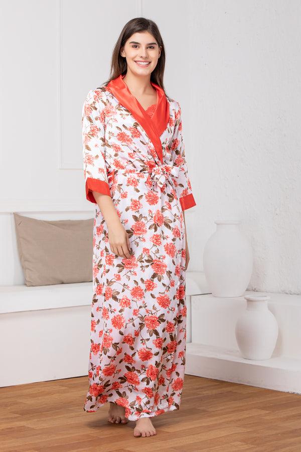 Private Lives Print Satin Red Long Nightgown Set
